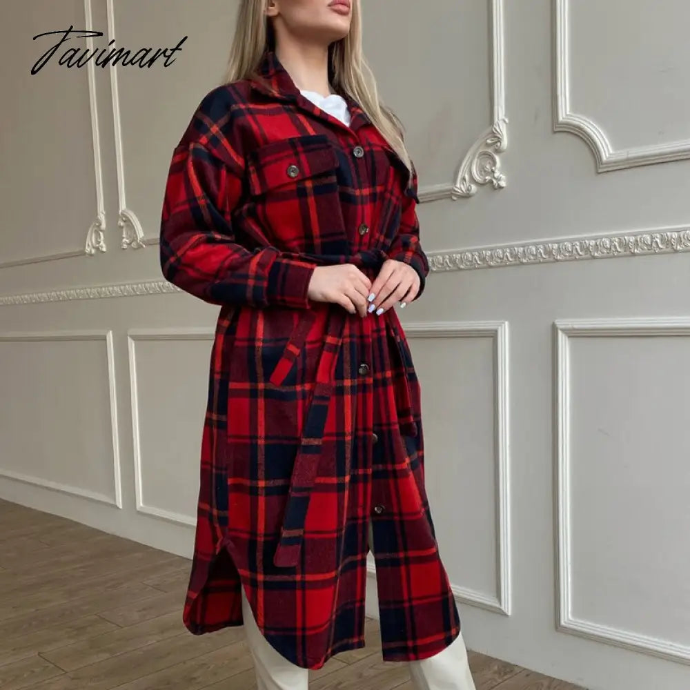 Retro Plaid Print Coat Ladies Casual Long Sleeve Lapel Single Breasted Woolen Coats Women Loose Lace Up Asymmetrical Jacket
