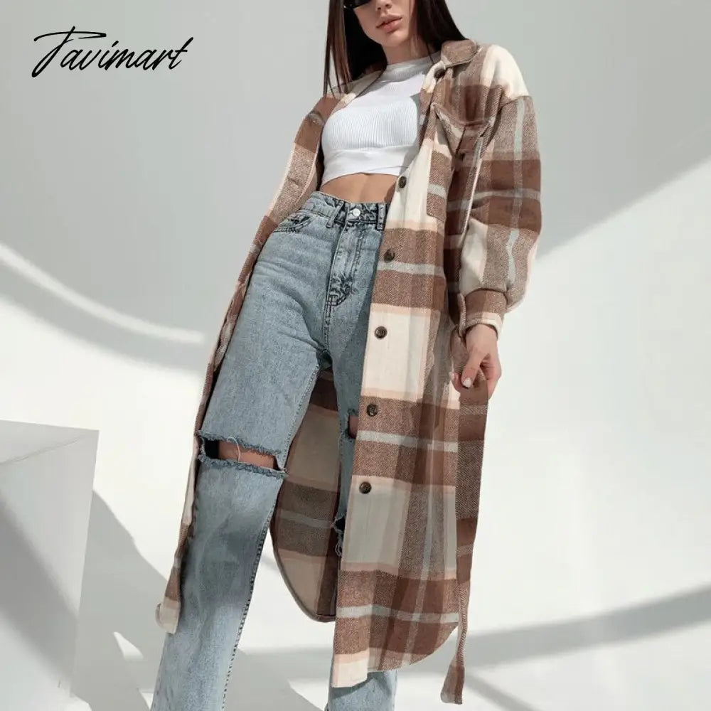 Retro Plaid Print Coat Ladies Casual Long Sleeve Lapel Single Breasted Woolen Coats Women Loose Lace Up Asymmetrical Jacket