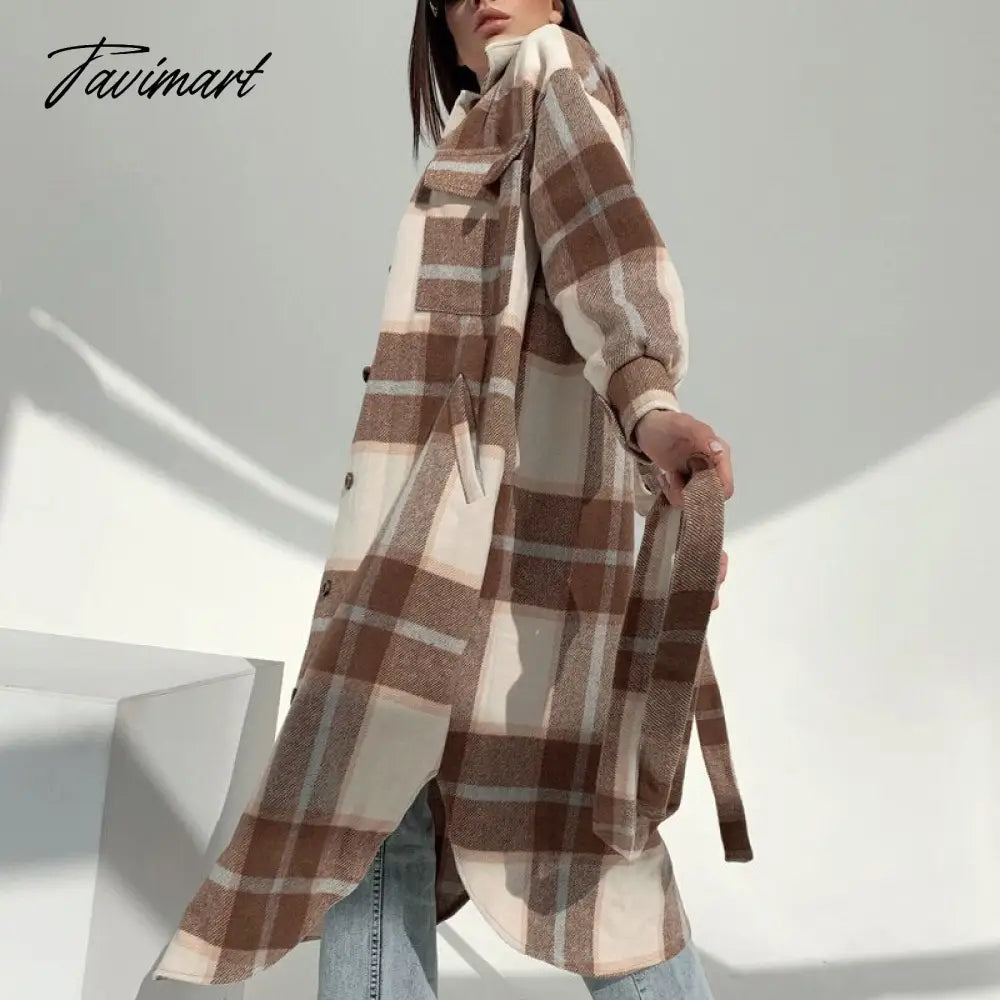 Retro Plaid Print Coat Ladies Casual Long Sleeve Lapel Single Breasted Woolen Coats Women Loose Lace Up Asymmetrical Jacket