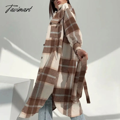 Retro Plaid Print Coat Ladies Casual Long Sleeve Lapel Single Breasted Woolen Coats Women Loose Lace Up Asymmetrical Jacket