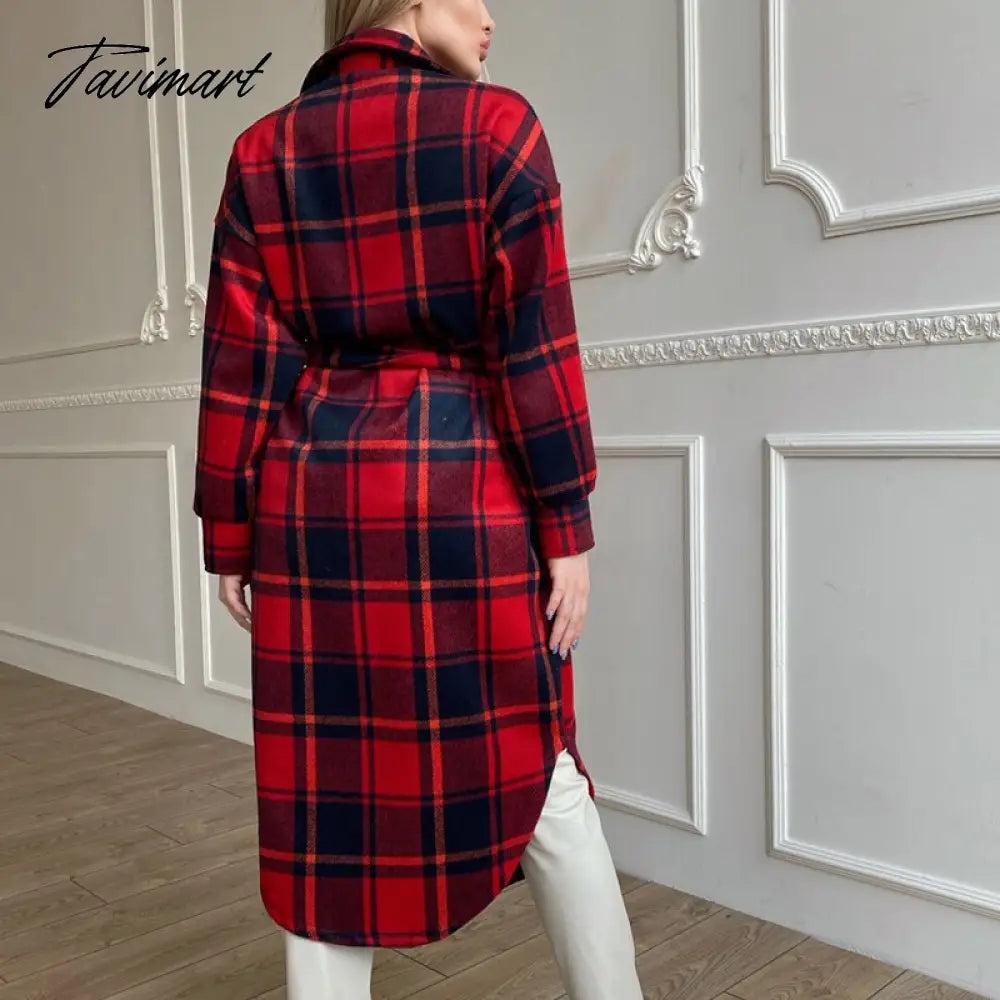 Retro Plaid Print Coat Ladies Casual Long Sleeve Lapel Single Breasted Woolen Coats Women Loose Lace Up Asymmetrical Jacket