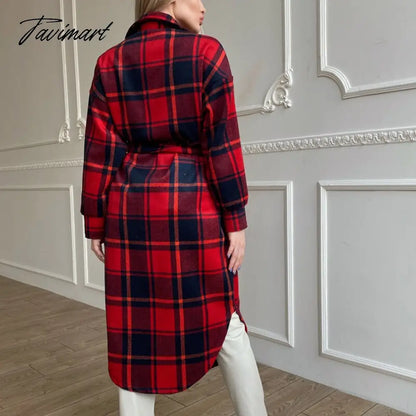 Retro Plaid Print Coat Ladies Casual Long Sleeve Lapel Single Breasted Woolen Coats Women Loose Lace Up Asymmetrical Jacket