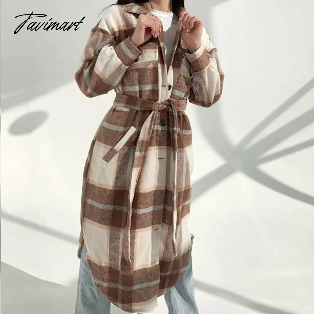 Retro Plaid Print Coat Ladies Casual Long Sleeve Lapel Single Breasted Woolen Coats Women Loose Lace Up Asymmetrical Jacket