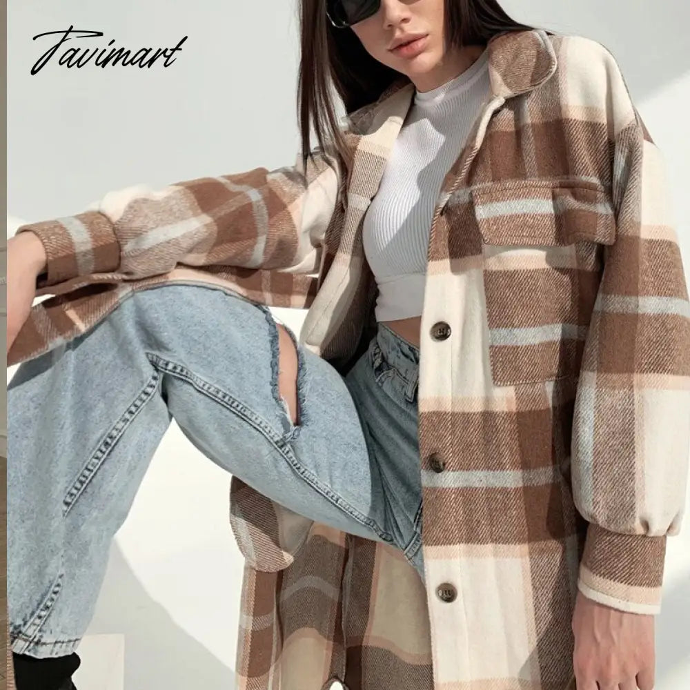 Retro Plaid Print Coat Ladies Casual Long Sleeve Lapel Single Breasted Woolen Coats Women Loose Lace Up Asymmetrical Jacket