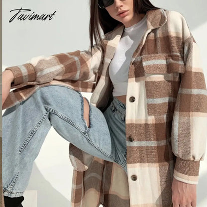 Retro Plaid Print Coat Ladies Casual Long Sleeve Lapel Single Breasted Woolen Coats Women Loose Lace Up Asymmetrical Jacket