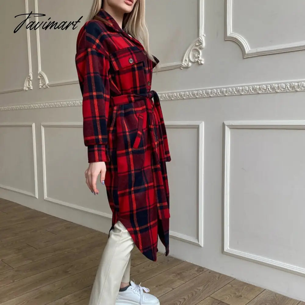 Retro Plaid Print Coat Ladies Casual Long Sleeve Lapel Single Breasted Woolen Coats Women Loose Lace Up Asymmetrical Jacket