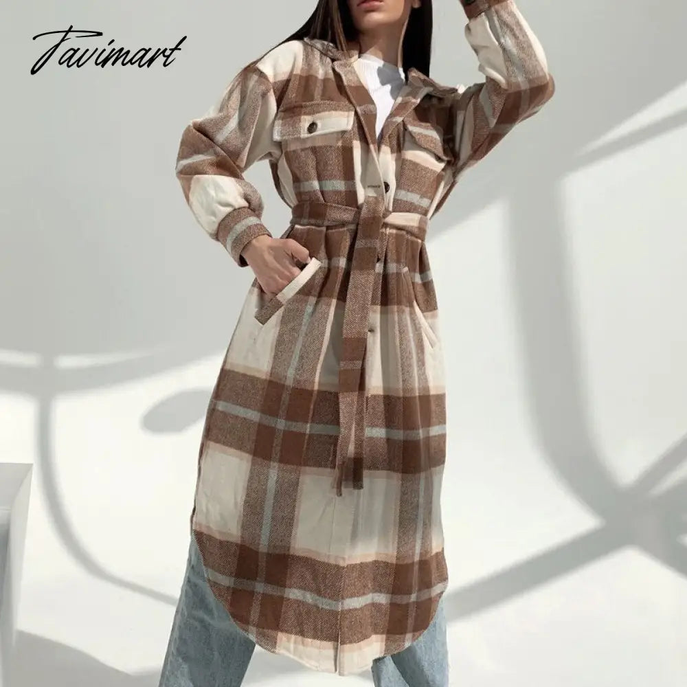 Retro Plaid Print Coat Ladies Casual Long Sleeve Lapel Single Breasted Woolen Coats Women Loose Lace Up Asymmetrical Jacket