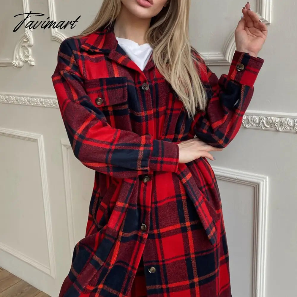 Retro Plaid Print Coat Ladies Casual Long Sleeve Lapel Single Breasted Woolen Coats Women Loose Lace Up Asymmetrical Jacket