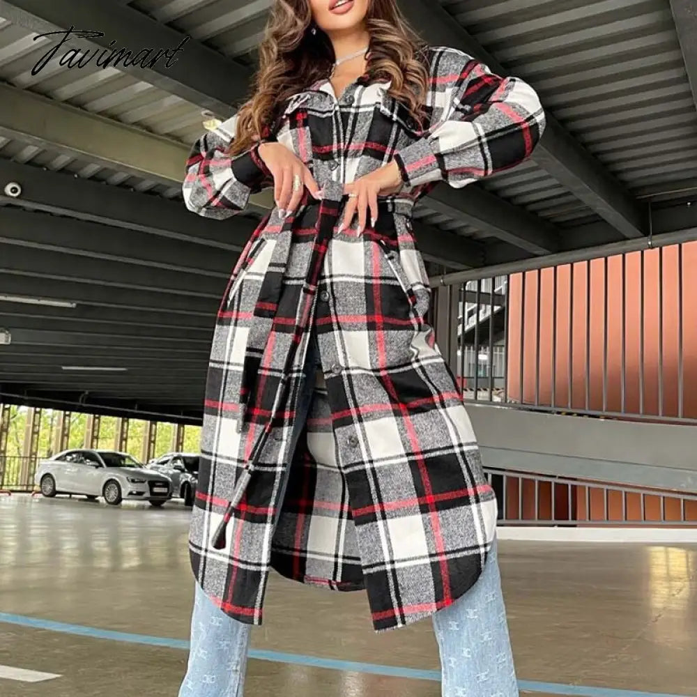 Retro Plaid Print Coat Ladies Casual Long Sleeve Lapel Single Breasted Woolen Coats Women Loose Lace Up Asymmetrical Jacket