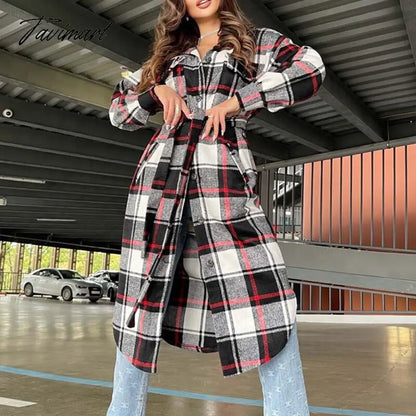 Retro Plaid Print Coat Ladies Casual Long Sleeve Lapel Single Breasted Woolen Coats Women Loose Lace Up Asymmetrical Jacket