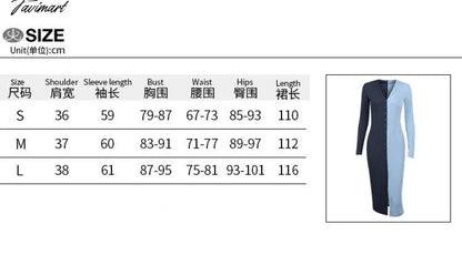 Ribbed Knitted Dresses Single Breasted Long Sleeve V-Neck Women Slim Elegant Autumn Winter Stitching Color Midi Dress
