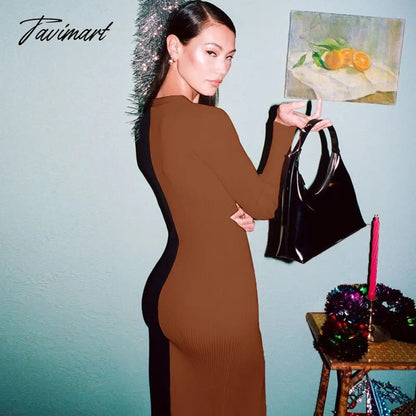 Ribbed Knitted Dresses Single Breasted Long Sleeve V-Neck Women Slim Elegant Autumn Winter Stitching Color Midi Dress