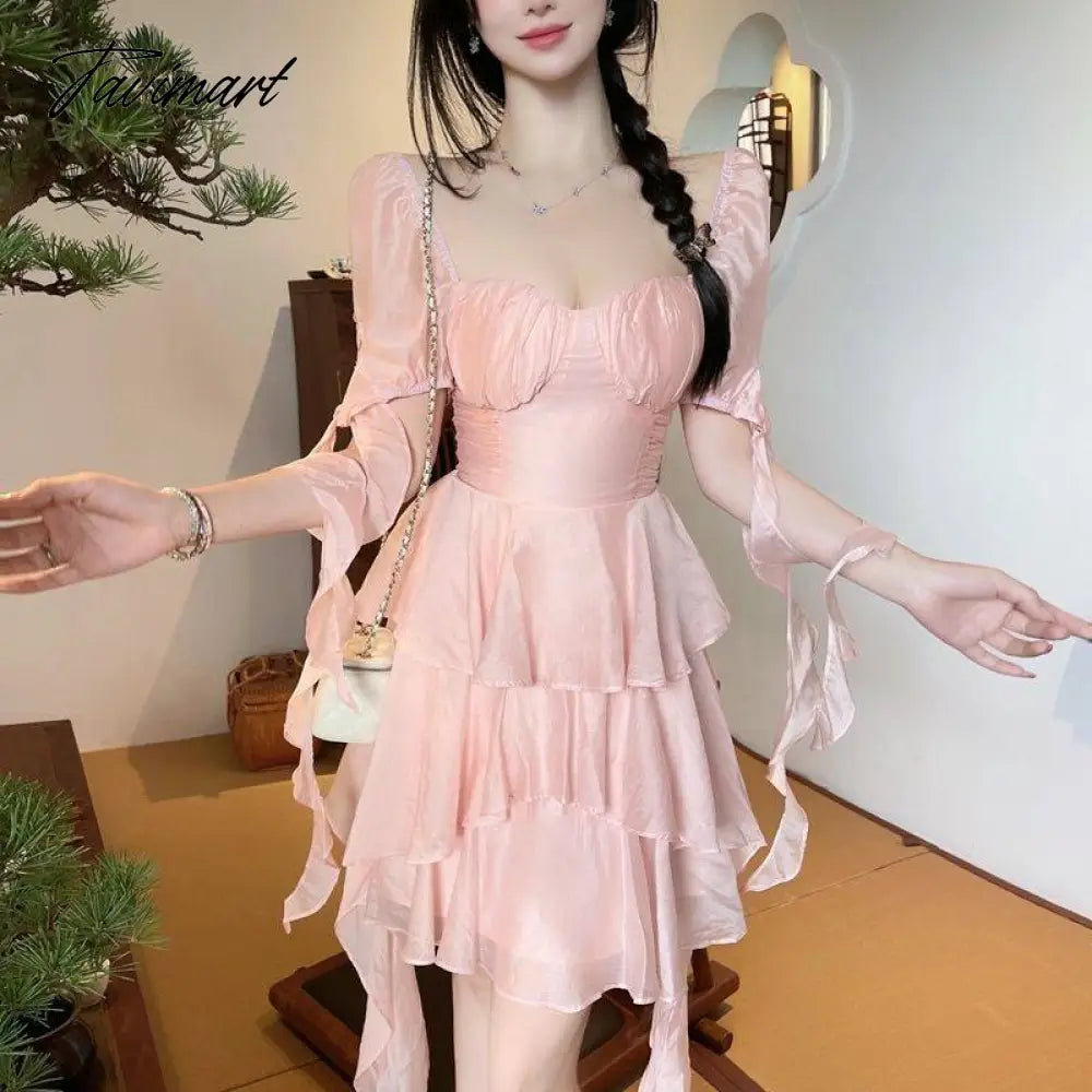 Ruffled Puff Sleeve Dress Solid Square Collar Women's Summer Dress Chic High Waist Sweet Pink Cake Short Fairy Dress Vestidos
