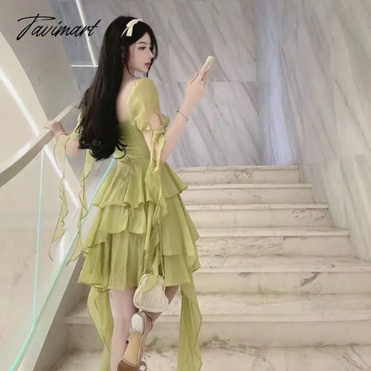 Ruffled Puff Sleeve Dress Solid Square Collar Women's Summer Dress Chic High Waist Sweet Pink Cake Short Fairy Dress Vestidos