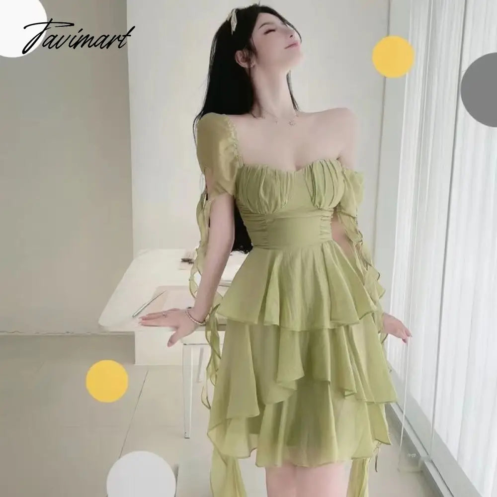 Ruffled Puff Sleeve Dress Solid Square Collar Women's Summer Dress Chic High Waist Sweet Pink Cake Short Fairy Dress Vestidos