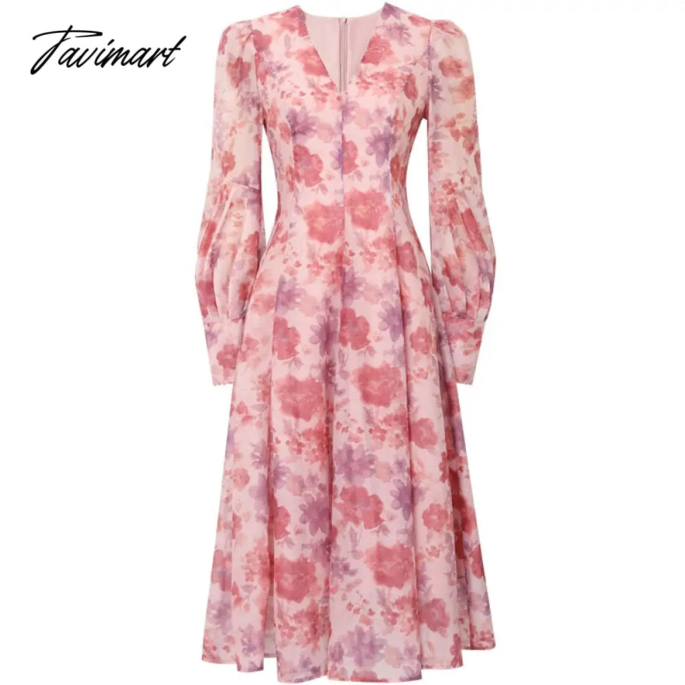 Runway Designers Elegant Pink Floral Printed Dresses for Women Vintage V-neck Lantern Sleeve Midi Summer Dress Female