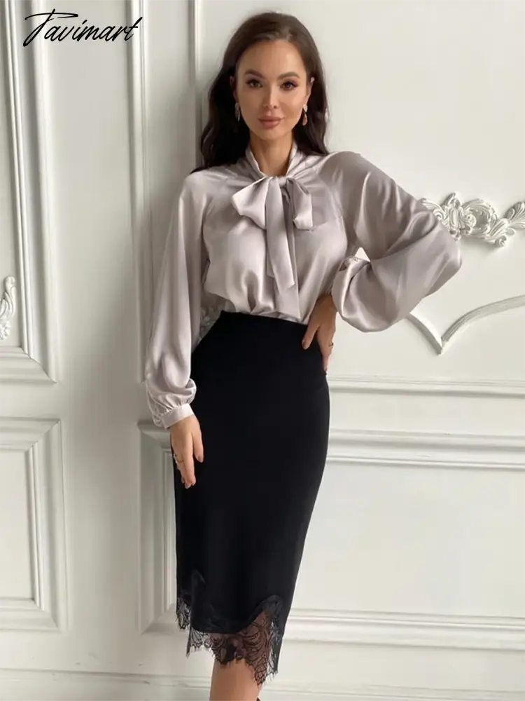Satin Bow Tie Fashion Women Blouse Lantern Sleeve Casual Solid Color Office Lady Tops Summer New Arrivals