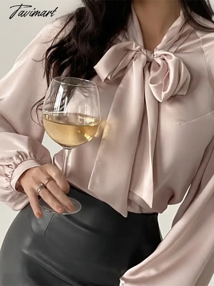 Satin Bow Tie Fashion Women Blouse Lantern Sleeve Casual Solid Color Office Lady Tops Summer New Arrivals