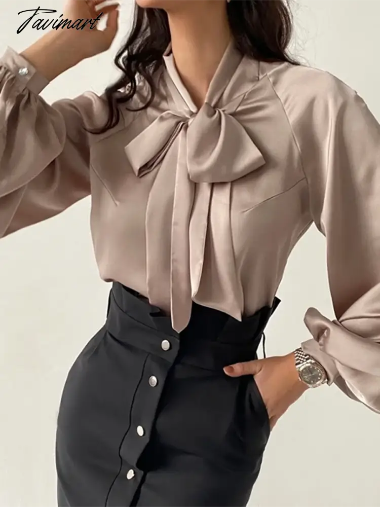 Satin Bow Tie Fashion Women Blouse Lantern Sleeve Casual Solid Color Office Lady Tops Summer New Arrivals