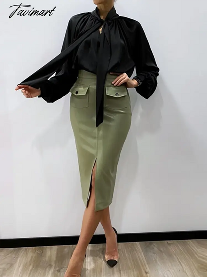 Satin Bow Tie Fashion Women Blouse Lantern Sleeve Casual Solid Color Office Lady Tops Summer New Arrivals