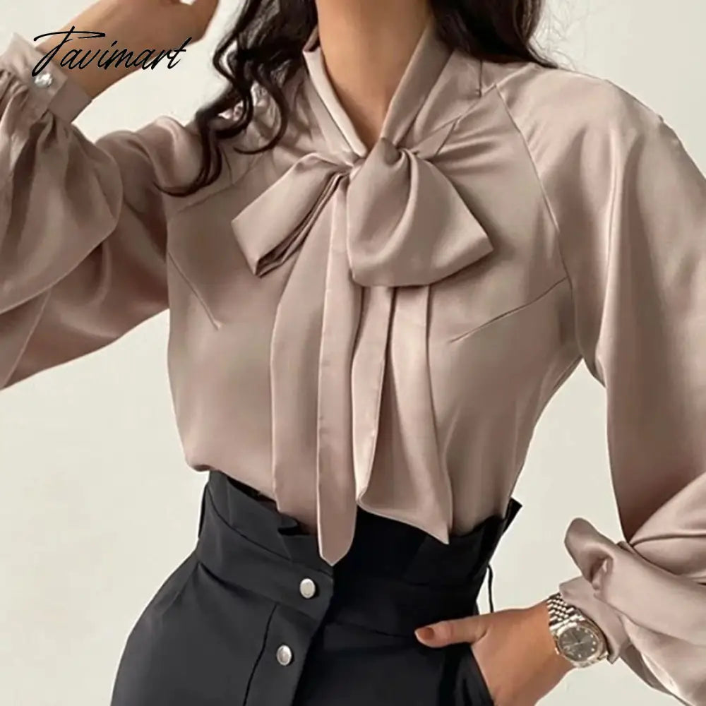 Satin Bow Tie Fashion Women Blouse Lantern Sleeve Casual Solid Color Office Lady Tops Summer New Arrivals