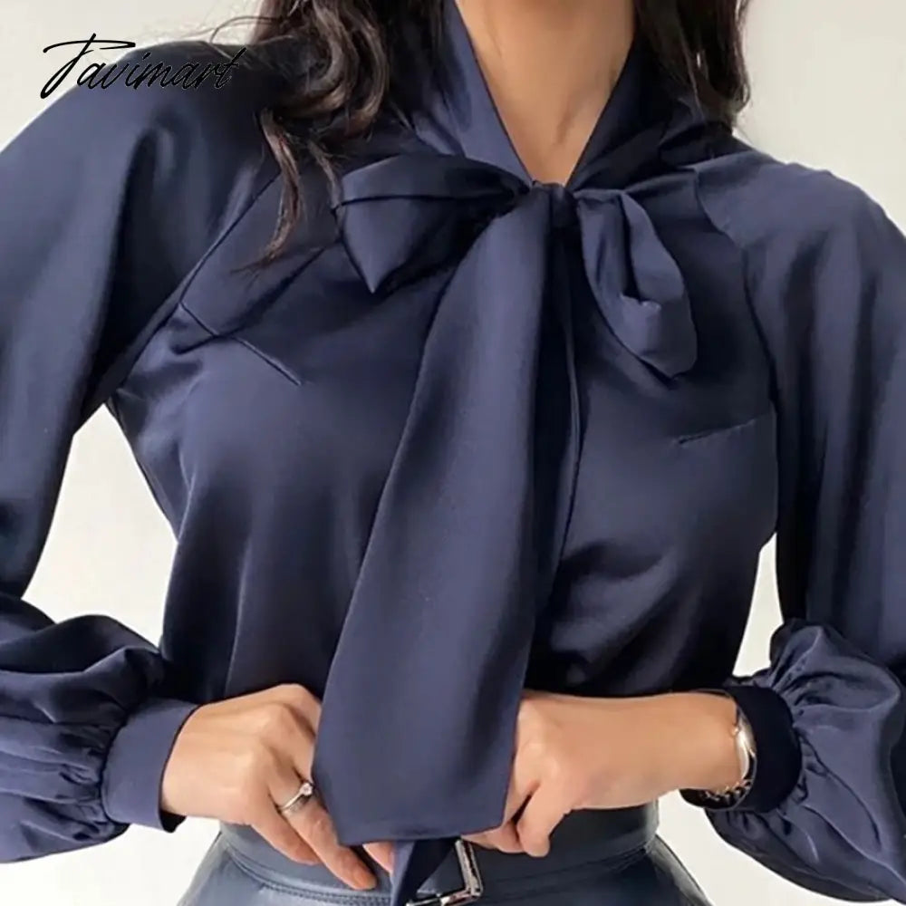 Satin Bow Tie Fashion Women Blouse Lantern Sleeve Casual Solid Color Office Lady Tops Summer New Arrivals