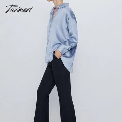 Satin Shirt For Women Turn down Collar Long Sleeves Office Lady Shirt and Blouse High Street Fashion Oversized Loose Tops
