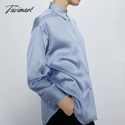 Satin Shirt For Women Turn down Collar Long Sleeves Office Lady Shirt and Blouse High Street Fashion Oversized Loose Tops