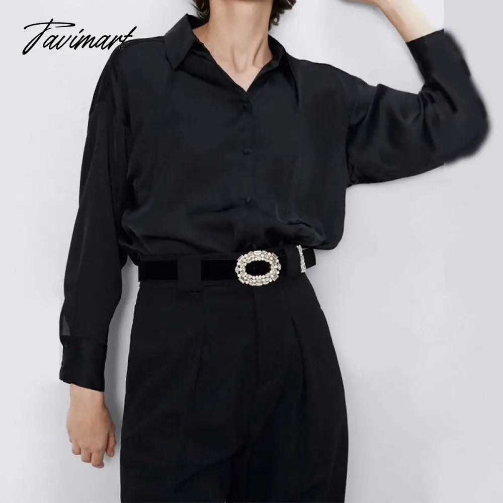 Satin Shirt For Women Turn down Collar Long Sleeves Office Lady Shirt and Blouse High Street Fashion Oversized Loose Tops