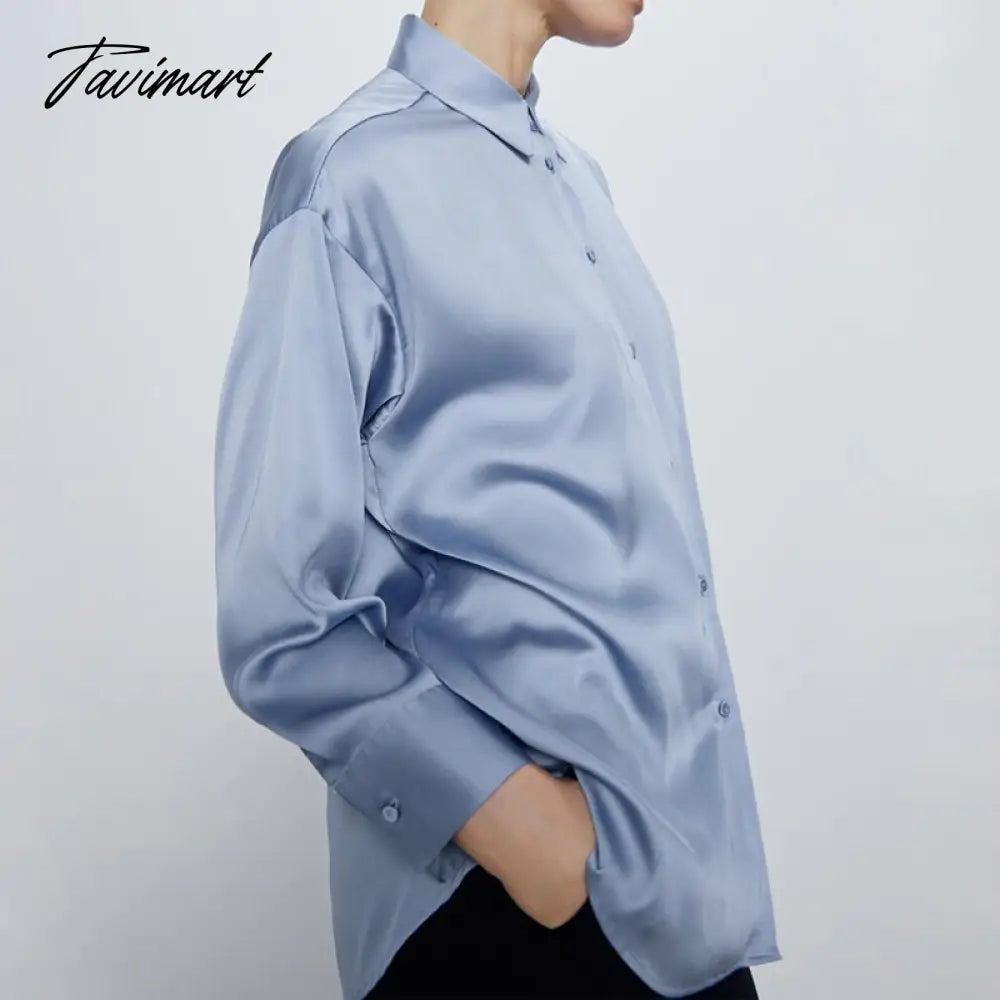 Satin Shirt For Women Turn down Collar Long Sleeves Office Lady Shirt and Blouse High Street Fashion Oversized Loose Tops