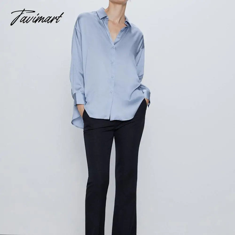 Satin Shirt For Women Turn down Collar Long Sleeves Office Lady Shirt and Blouse High Street Fashion Oversized Loose Tops