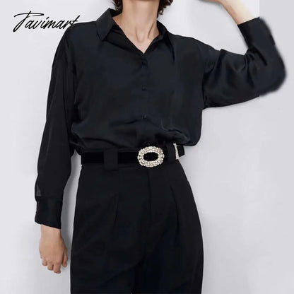 Satin Shirt For Women Turn down Collar Long Sleeves Office Lady Shirt and Blouse High Street Fashion Oversized Loose Tops