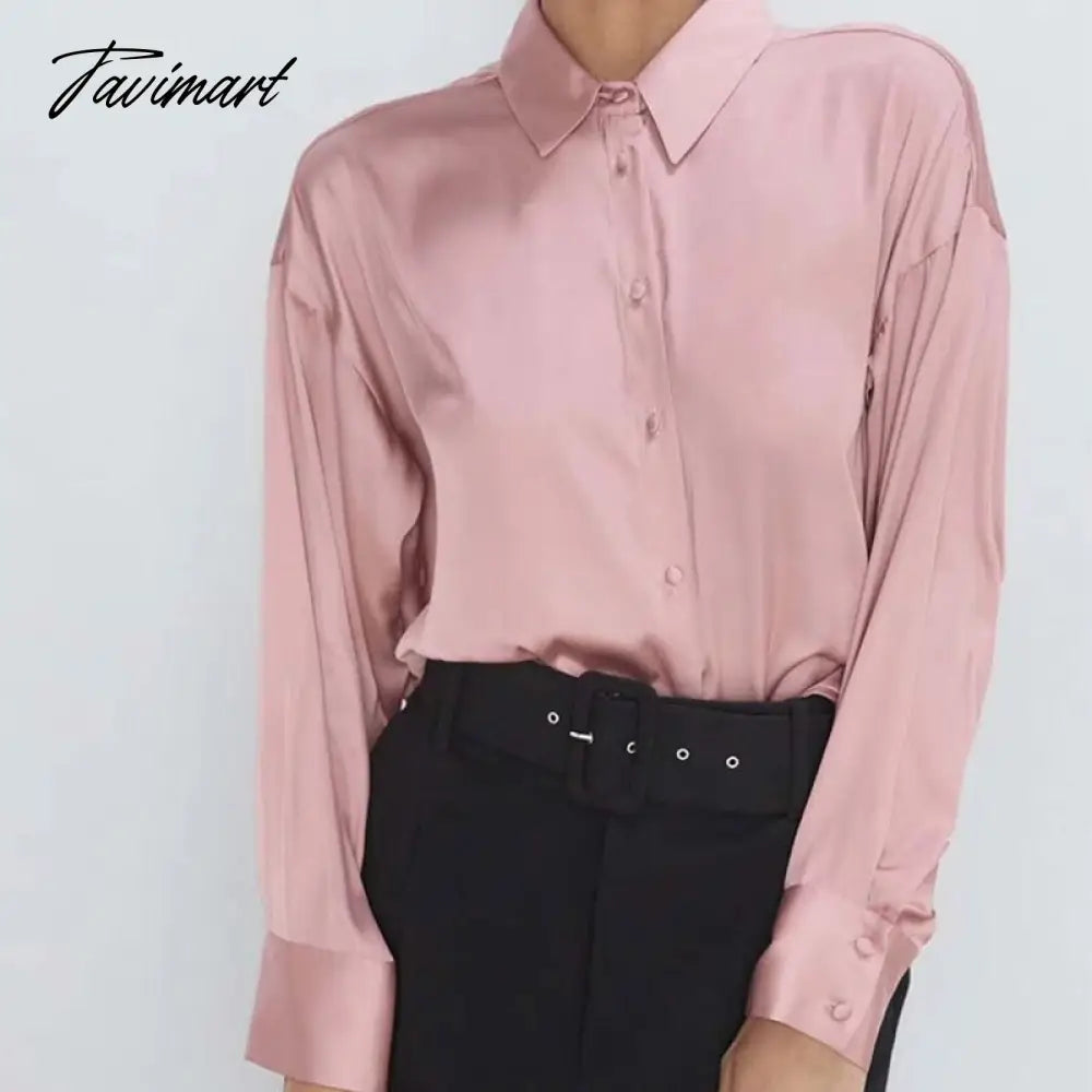 Satin Shirt For Women Turn down Collar Long Sleeves Office Lady Shirt and Blouse High Street Fashion Oversized Loose Tops