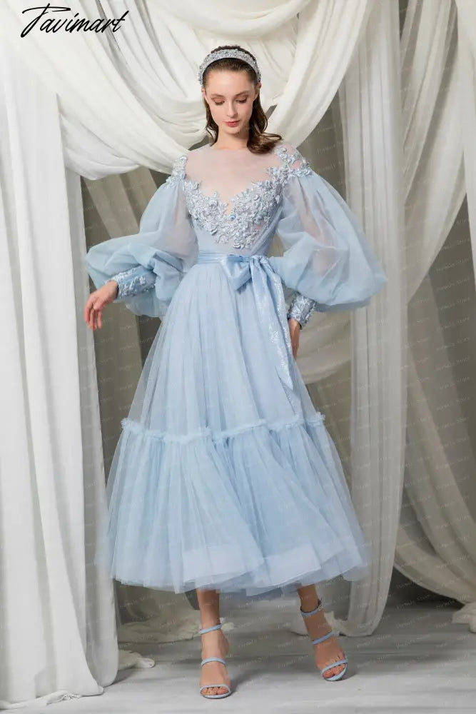 See Through O-neck Prom Dress Long Sleeve Lace Dress A-line Tea Length Blue Tulle Dress With Bow Applique Evening Dresses