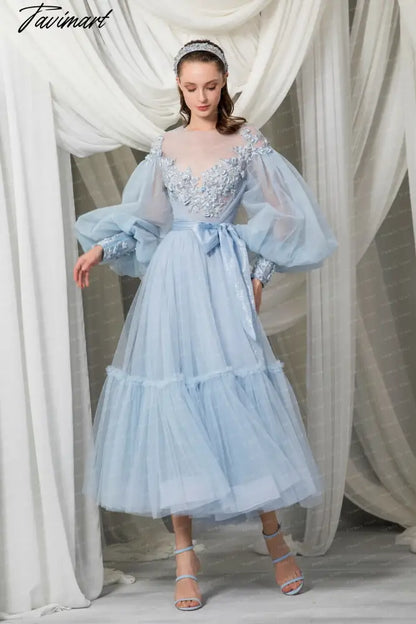 See Through O-neck Prom Dress Long Sleeve Lace Dress A-line Tea Length Blue Tulle Dress With Bow Applique Evening Dresses