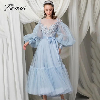 See Through O-neck Prom Dress Long Sleeve Lace Dress A-line Tea Length Blue Tulle Dress With Bow Applique Evening Dresses