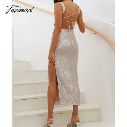 Sequins Party Dress for Summer Women Sexy Slit Evening Glitter Long Dress Black Deep Spaghetti Strap High Split Dresses Nig
