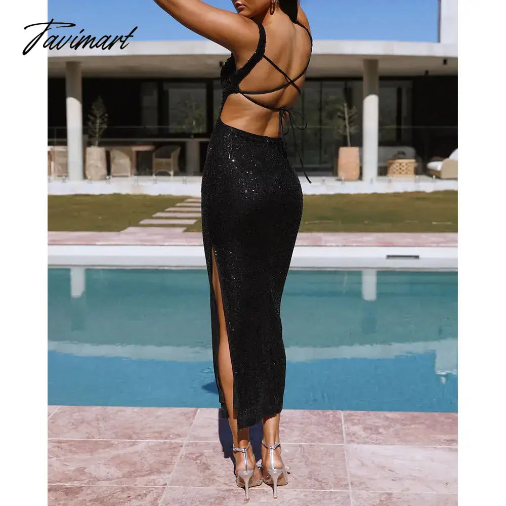 Sequins Party Dress for Summer Women Sexy Slit Evening Glitter Long Dress Black Deep Spaghetti Strap High Split Dresses Nig