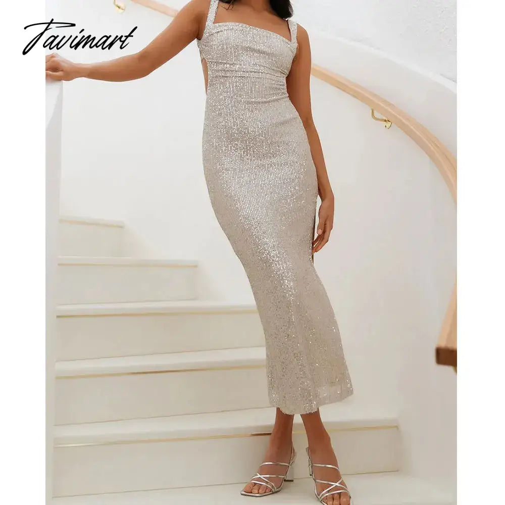 Sequins Party Dress for Summer Women Sexy Slit Evening Glitter Long Dress Black Deep Spaghetti Strap High Split Dresses Nig
