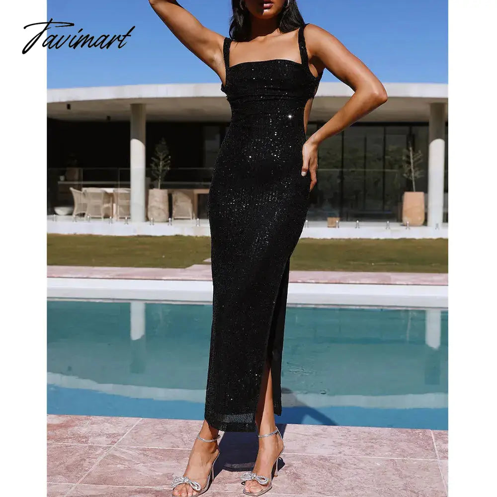Sequins Party Dress for Summer Women Sexy Slit Evening Glitter Long Dress Black Deep Spaghetti Strap High Split Dresses Nig