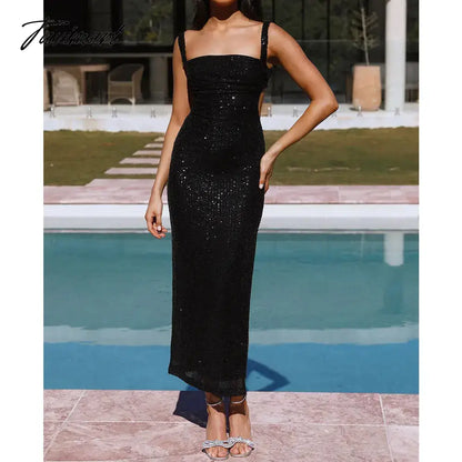 Sequins Party Dress for Summer Women Sexy Slit Evening Glitter Long Dress Black Deep Spaghetti Strap High Split Dresses Nig