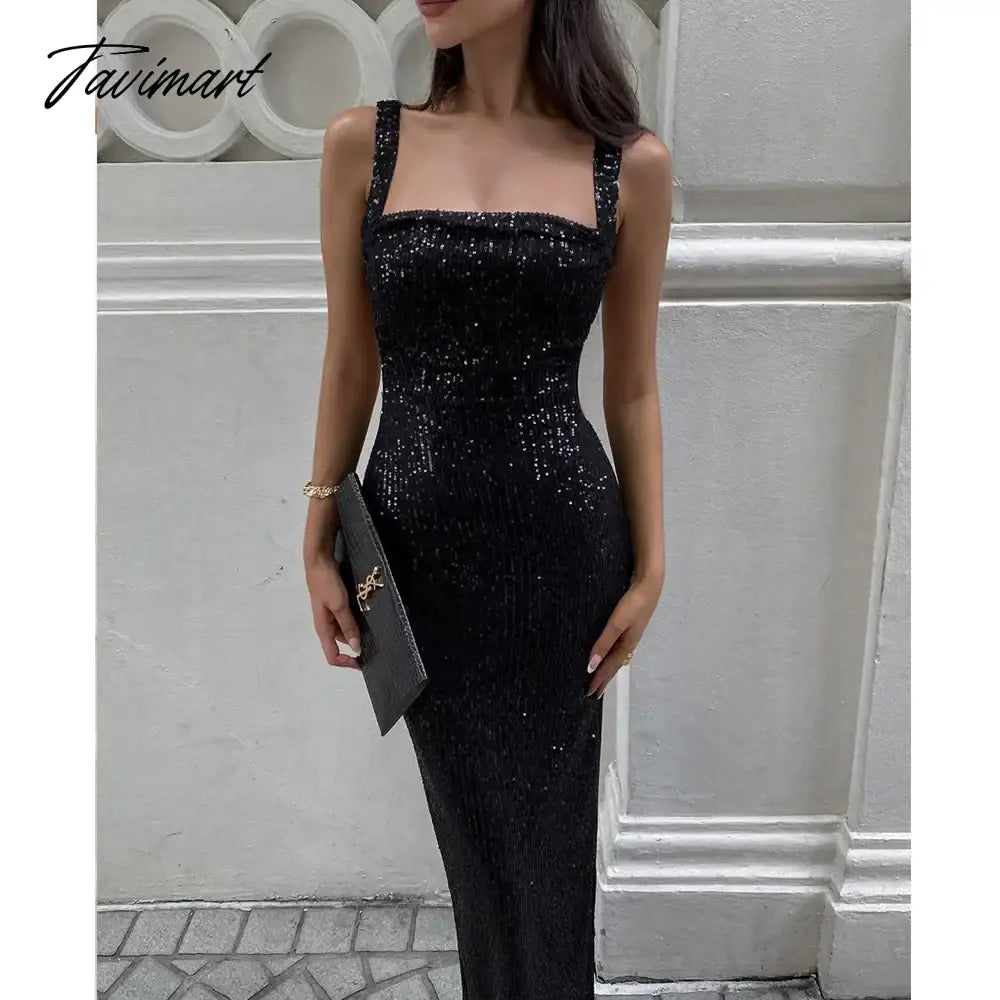 Sequins Party Dress for Summer Women Sexy Slit Evening Glitter Long Dress Black Deep Spaghetti Strap High Split Dresses Nig