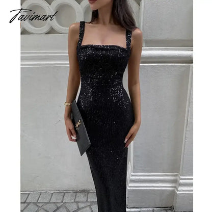 Sequins Party Dress for Summer Women Sexy Slit Evening Glitter Long Dress Black Deep Spaghetti Strap High Split Dresses Nig