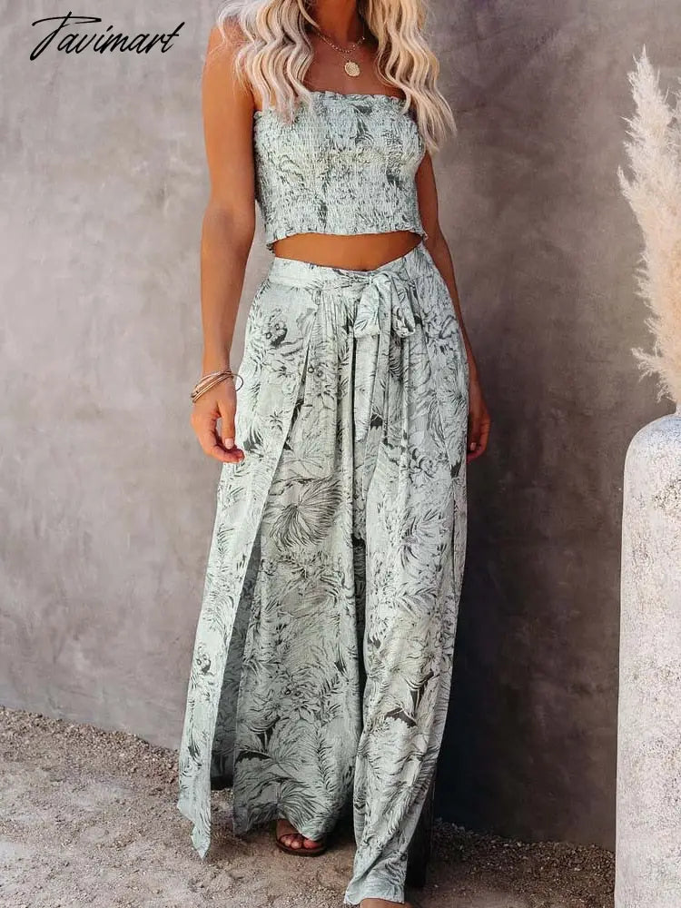 Sexy 2 Pieces Sets Blue Printing Summer Women Floral Clothes Sets Tank Top Wide Leg Pants Outwear C1A427