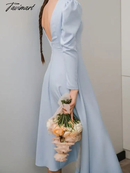 Sexy Backless A-Line White Dress High Waist Long Sleeve O Neck Zipper Elegant Folds Puff Sleeve Long Party Dresses For Women