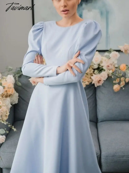 Sexy Backless A-Line White Dress High Waist Long Sleeve O Neck Zipper Elegant Folds Puff Sleeve Long Party Dresses For Women