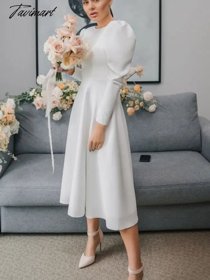 Sexy Backless A-Line White Dress High Waist Long Sleeve O Neck Zipper Elegant Folds Puff Sleeve Long Party Dresses For Women