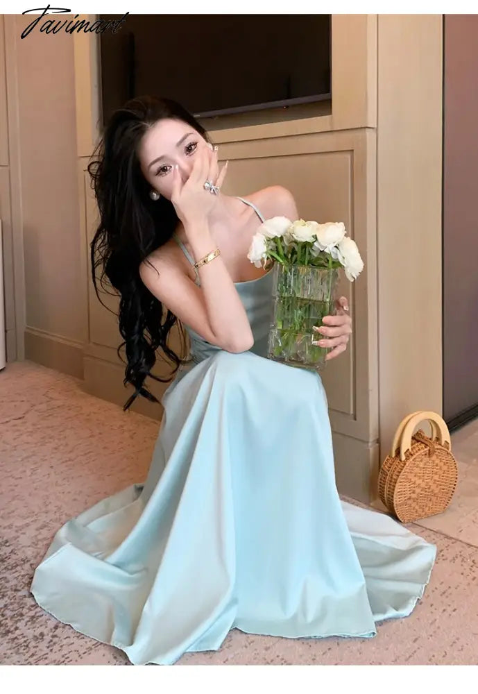 Sexy Backless Beach Dress for Women Summer Beach Holiday Satin Chic Design Spaghetti Strap Elegant Party Long Dresses