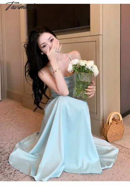 Sexy Backless Beach Dress for Women Summer Beach Holiday Satin Chic Design Spaghetti Strap Elegant Party Long Dresses
