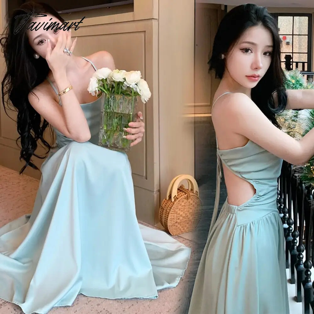 Sexy Backless Beach Dress for Women Summer Beach Holiday Satin Chic Design Spaghetti Strap Elegant Party Long Dresses